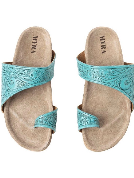 Myra Bag Shoes - Myra Bag Turquoise Tooled Leather Slide Sandals